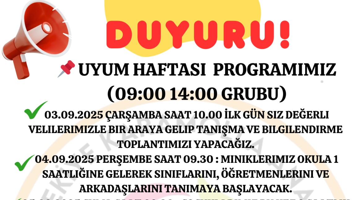 2025-2026 EĞİTİM ÖĞRETİM YILI UYUM HAFTASI PROGRAMIMIZ